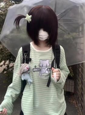 空气列车刺绣坏猫咪绿白条纹长袖T恤女美式甜酷宽松设计感上衣潮