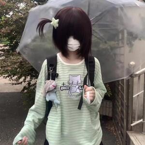 空气列车刺绣坏猫咪绿白条纹长袖T恤女美式甜酷宽松设计感上衣潮