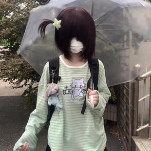 空气列车刺绣坏猫咪绿白条纹长袖 甜酷宽松设计感上衣潮 T恤女美式