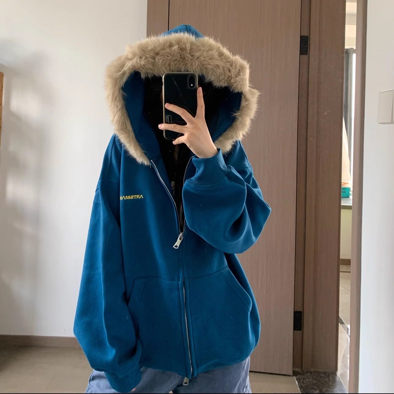 美式复古字母刺绣毛领连帽卫衣女2025新款宽松慵懒风拉链外套上衣