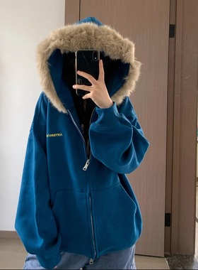 美式复古字母刺绣毛领连帽卫衣女2025新款宽松慵懒风拉链外套上衣