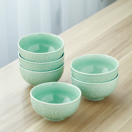 苏氏陶瓷青瓷釉陶瓷碗花开富贵米饭碗汤碗6件套装餐具J0009