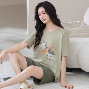 夏天薄款 莱卡棉睡衣女夏季 套装 短裤 凉感简约家居服可外穿 纯棉短袖