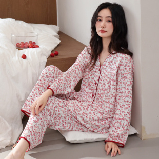 纯棉长袖 秋季 睡衣女春秋款 套装 家居服可外穿 妈妈V领薄款 夏天大码