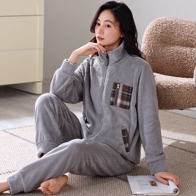 睡衣女珊瑚绒立领拉链家居服