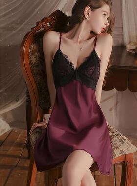 睡裙性感睡衣女款夏天季高级感紫色蕾丝美背吊带胸垫大码法式纯欲