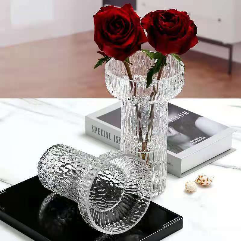现代简约极冻冰纹透明玻璃花瓶 鲜花装饰花器客厅家居工艺品摆件