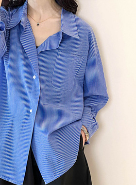 2025早秋蓝色条纹衬衫女款韩系气质宽松设计感上衣