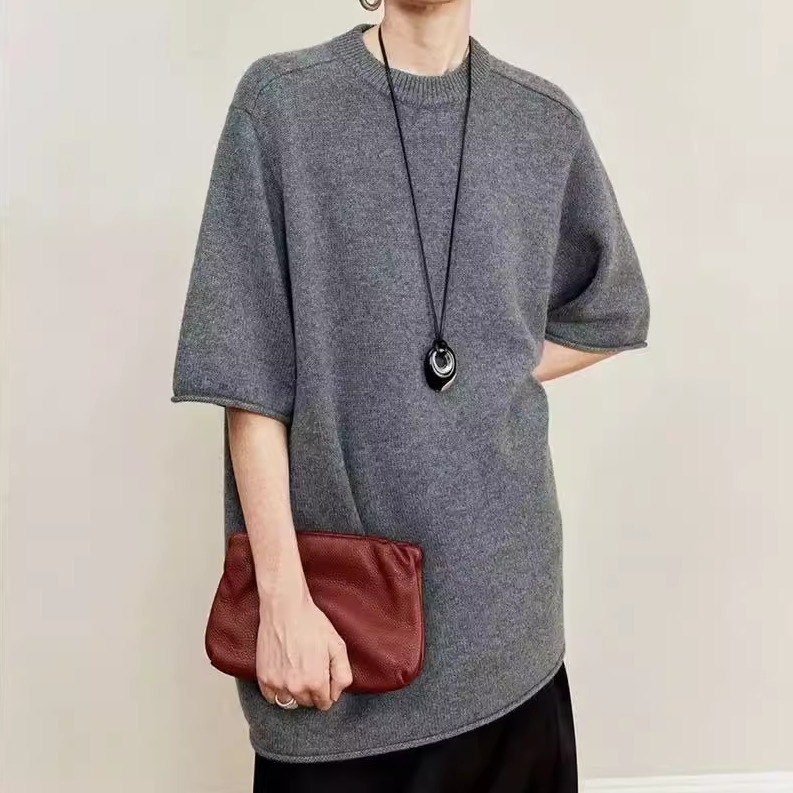 时髦卷边100%纯羊毛五分袖女t恤