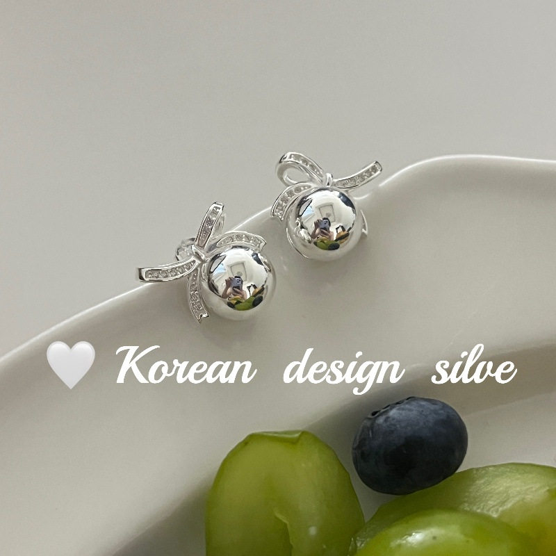 韩国ins风小众精致饰品 S925纯银 精巧蝴蝶结圆球耳钉 高级感女款