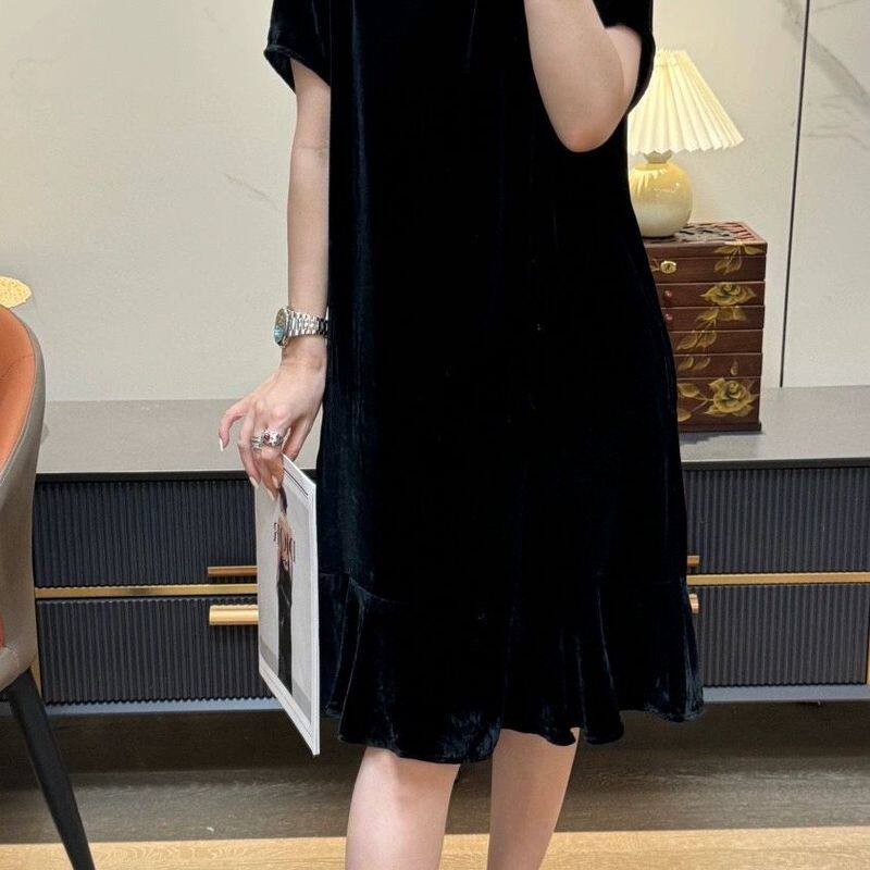 2025夏季新款女精致真丝丝绒连衣裙圆领简约风气质国风直筒鱼尾裙