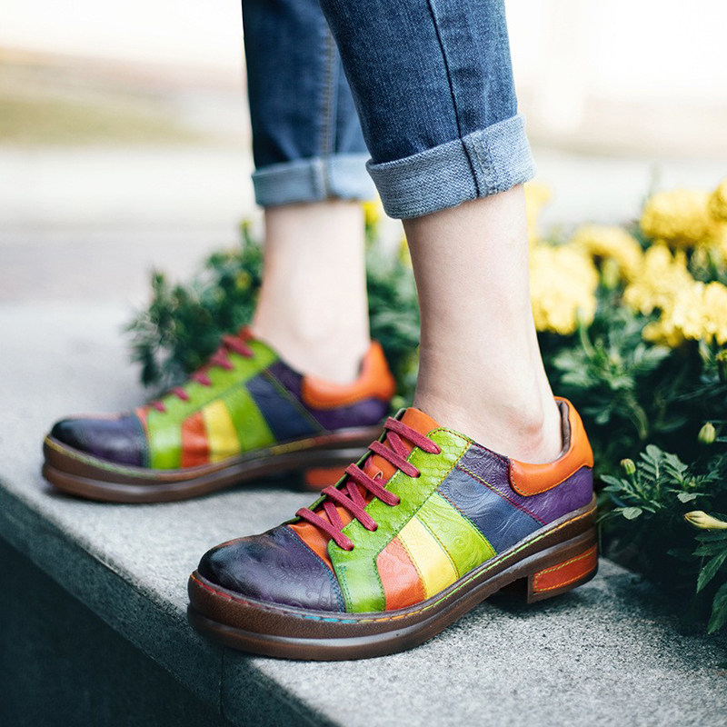 送运险拼色羊皮休闲单鞋2025年新款真皮软底欧美风女鞋民族风特色