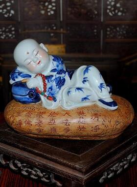 景德镇陶瓷器厂货手绘青花童子雕塑家居饰品中式复古收藏摆件