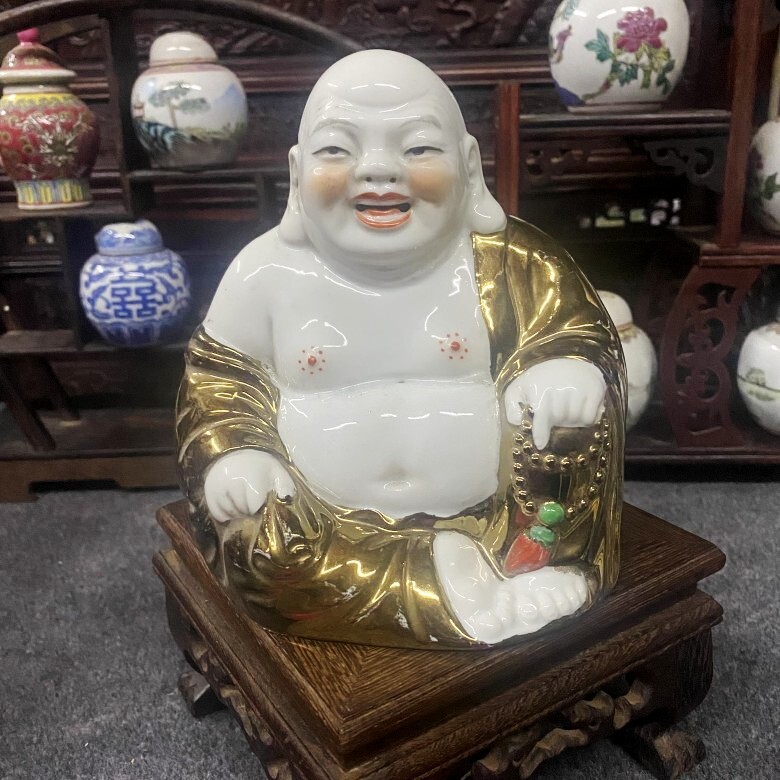 景德镇567老厂货780年代雕塑摆件高白泥鎏金罗汉包老家居摆件装饰
