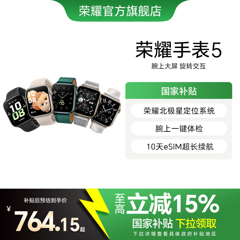 【政府补贴15%】荣耀手表5 智能运动手表 荣耀北极星定位 腕上一键体检 10天eSIM超长续航 睡眠监测手表