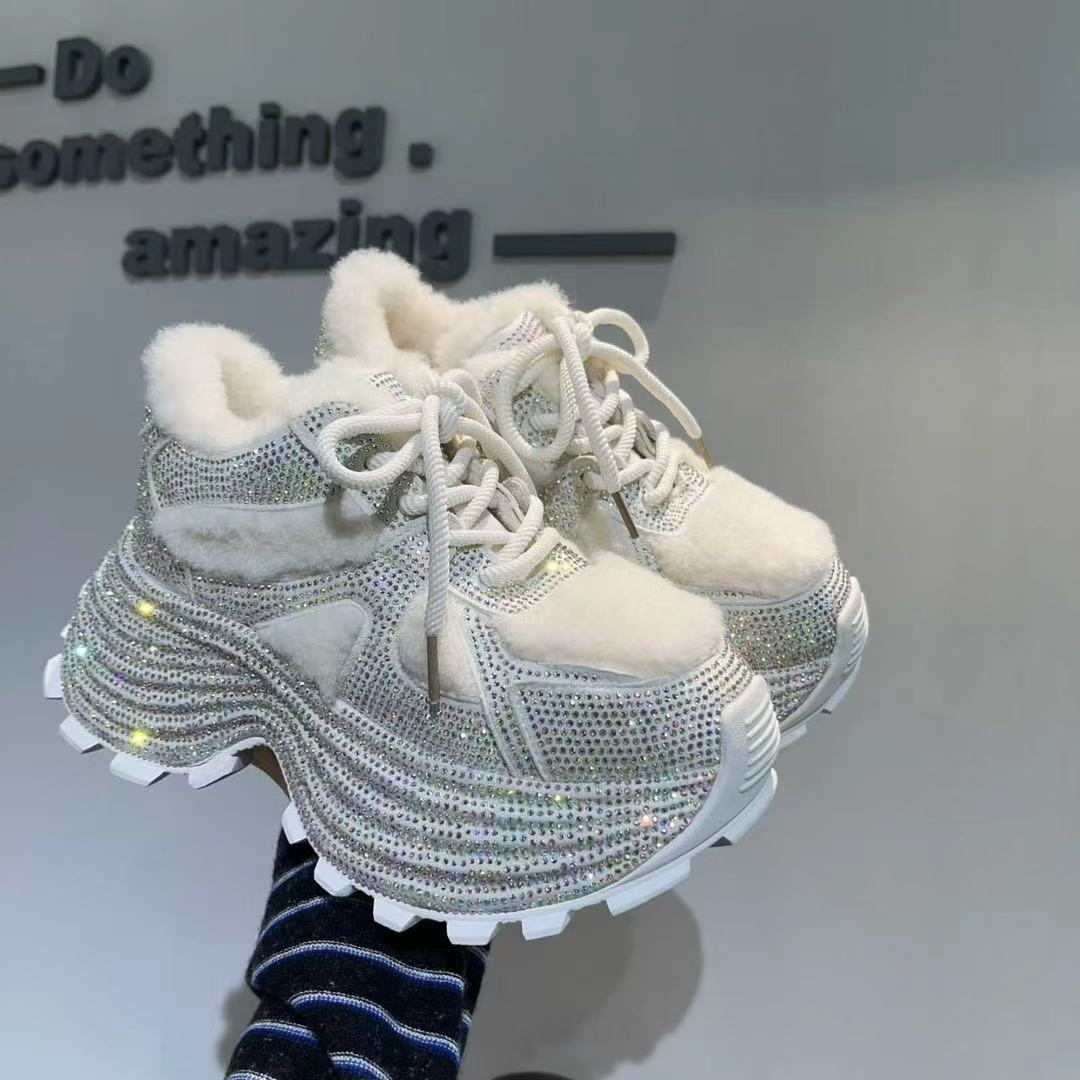 水钻老爹鞋女厚底增高保暖加绒运动鞋ins休闲鞋秋冬毛毛单鞋羊毛