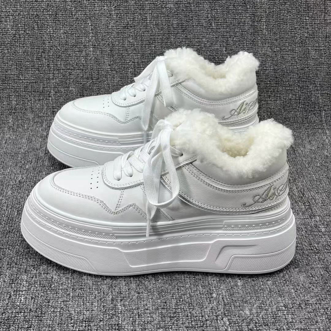 韩版白色加绒保暖雪地靴女冬厚底增高小白鞋棉鞋羊皮毛一体乐福鞋