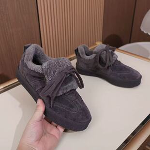 冬百搭雪地靴女加绒保暖系带休闲板鞋圆头棉鞋皮毛一体时尚毛毛鞋