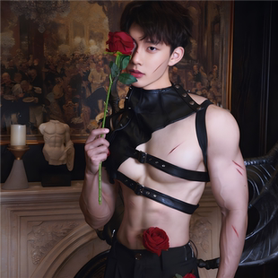 欧美朋克PU皮男士单肩口袋披挂 万圣节舞台酒吧性感演出盔甲背心