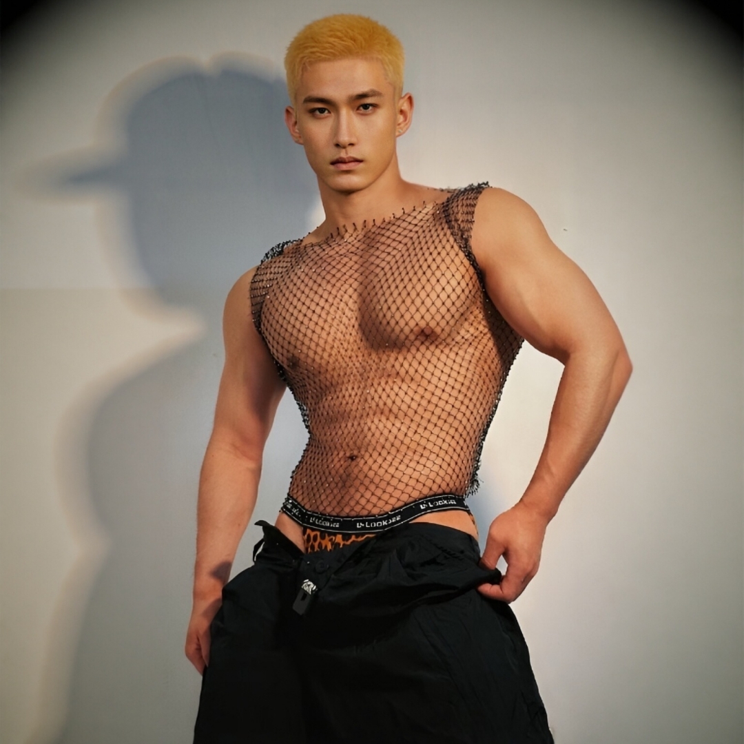 npc肌肉男镂空闪钻背心夜店男模水钻渔网无袖上衣蹦迪DJ演出服潮