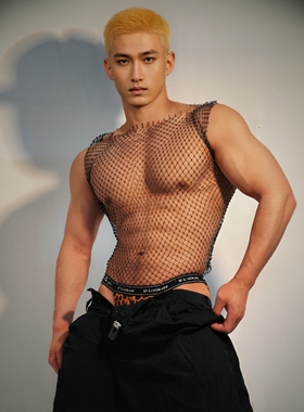 npc肌肉男镂空闪钻背心夜店男模水钻渔网无袖上衣蹦迪DJ演出服潮