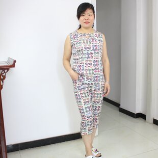 无袖 女士棉绸背心七分裤 人造棉家居服绵绸睡衣成人大码 子套装 夏季