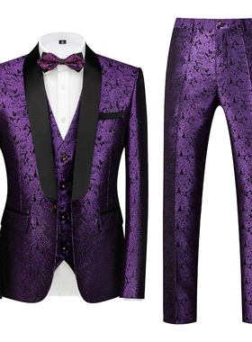 跨境外贸爆款男士晚礼服新郎套装礼服三件套3D图紫色帅气主持正装