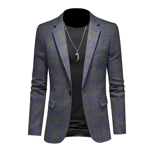 2025春秋新款男士休闲西服韩版修身时尚西装青年帅气格子单西外套