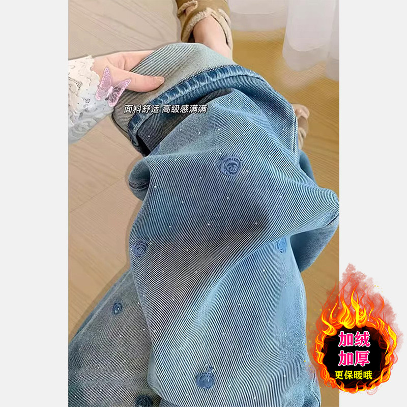 烫钻刺绣玫瑰阔腿牛仔裤女
