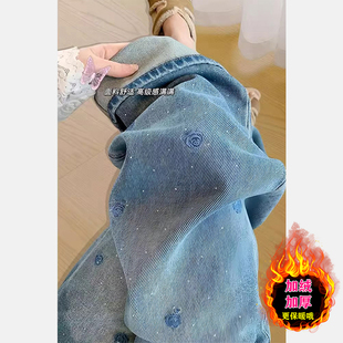 烫钻刺绣玫瑰阔腿牛仔裤女冬季新款大码高腰直筒裤显瘦宽松拖地裤