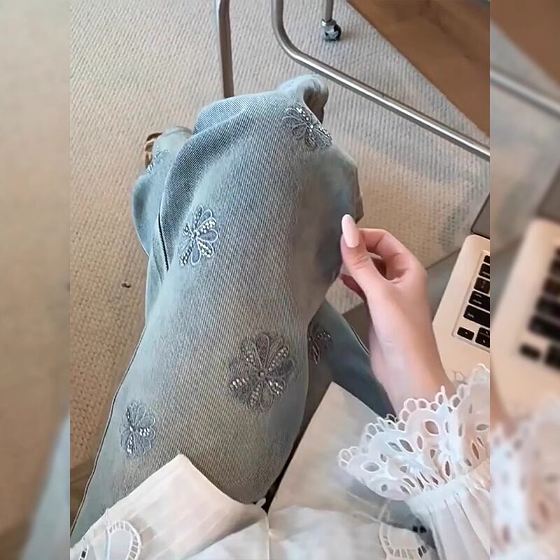 重工刺绣烫钻提花牛仔裤女图片