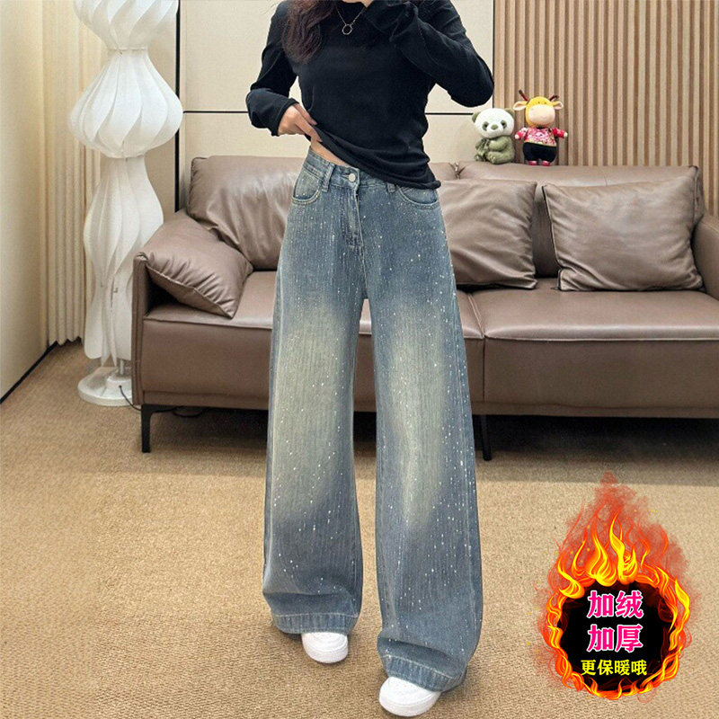 复古蓝烫钻阔腿牛仔裤女2026春季新款高腰宽松显瘦小个子直筒裤子,女装/女士精品,牛仔裤,淘宝优惠券,粉丝福利购,淘宝优惠卷