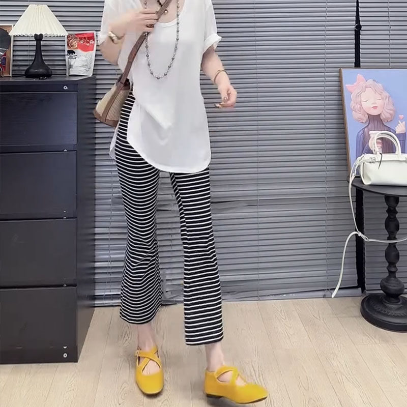 大码高腰薄款显瘦九分微喇女裤图片