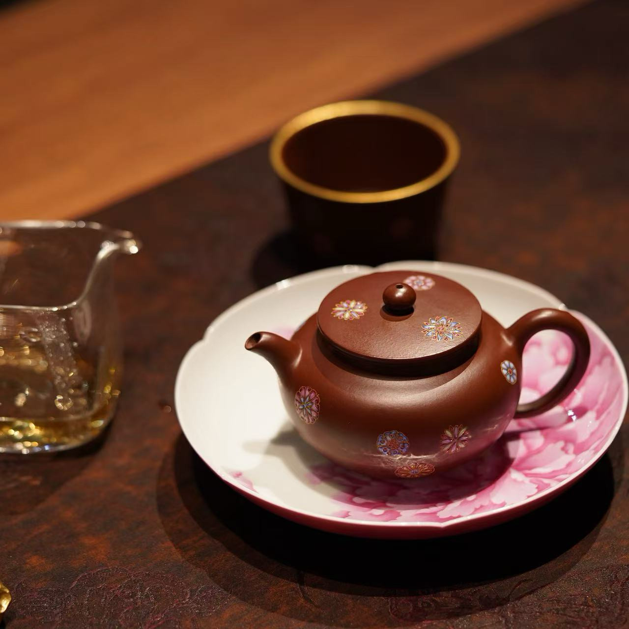 蜜糖紫砂|女士泡茶壶苹果150ml紫朱泥皮球花珐琅彩宝石釉中式