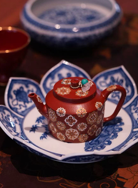 蜜糖紫砂｜原矿朱泥折肩宫灯 金银错宝相花 宝石釉工艺 150ml