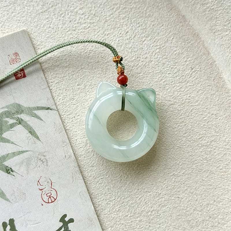 金丝玉天山翠猫圈吊坠 飘花玉石猫耳朵挂件情侣款猫头项坠乌萨奇