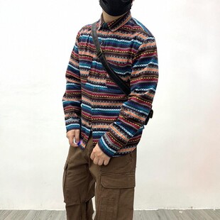 衫 日系复古文艺男女宽松休闲衬衣古着vintage长袖 男 彩色条纹衬衫