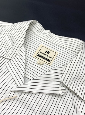 夏季全棉细条纹短袖衬衫男日系复古透气古着古巴领宽松半袖女上衣