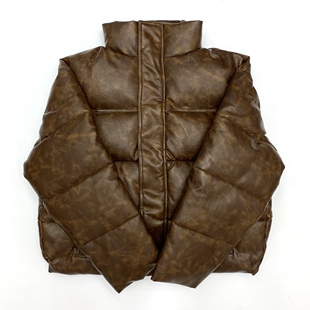 水洗PU皮夹克棉服男立领休闲秋冬厚实保暖棉服宽松短款 女外套 时尚