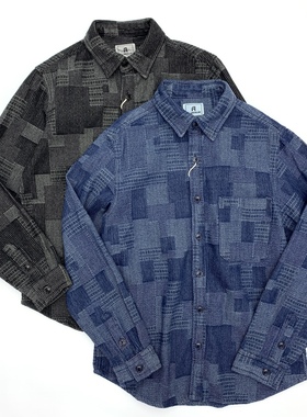 阿美咔叽重磅牛仔衬衫男日系复古boro百家布提花拼接小众长袖衬衣