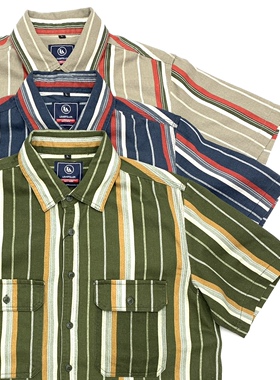 vintage复古条纹短袖衬衫男日系夏季全棉宽松古着男女情侣宽衬衣