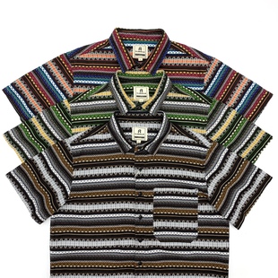 全棉宽松古着男女情侣民族风 男日系夏季 vintage复古条纹短袖 衬衫