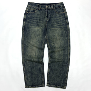 男日系复古宽松直筒阔腿拖地老爹长裤 美式 复古重磅水洗做旧牛仔裤