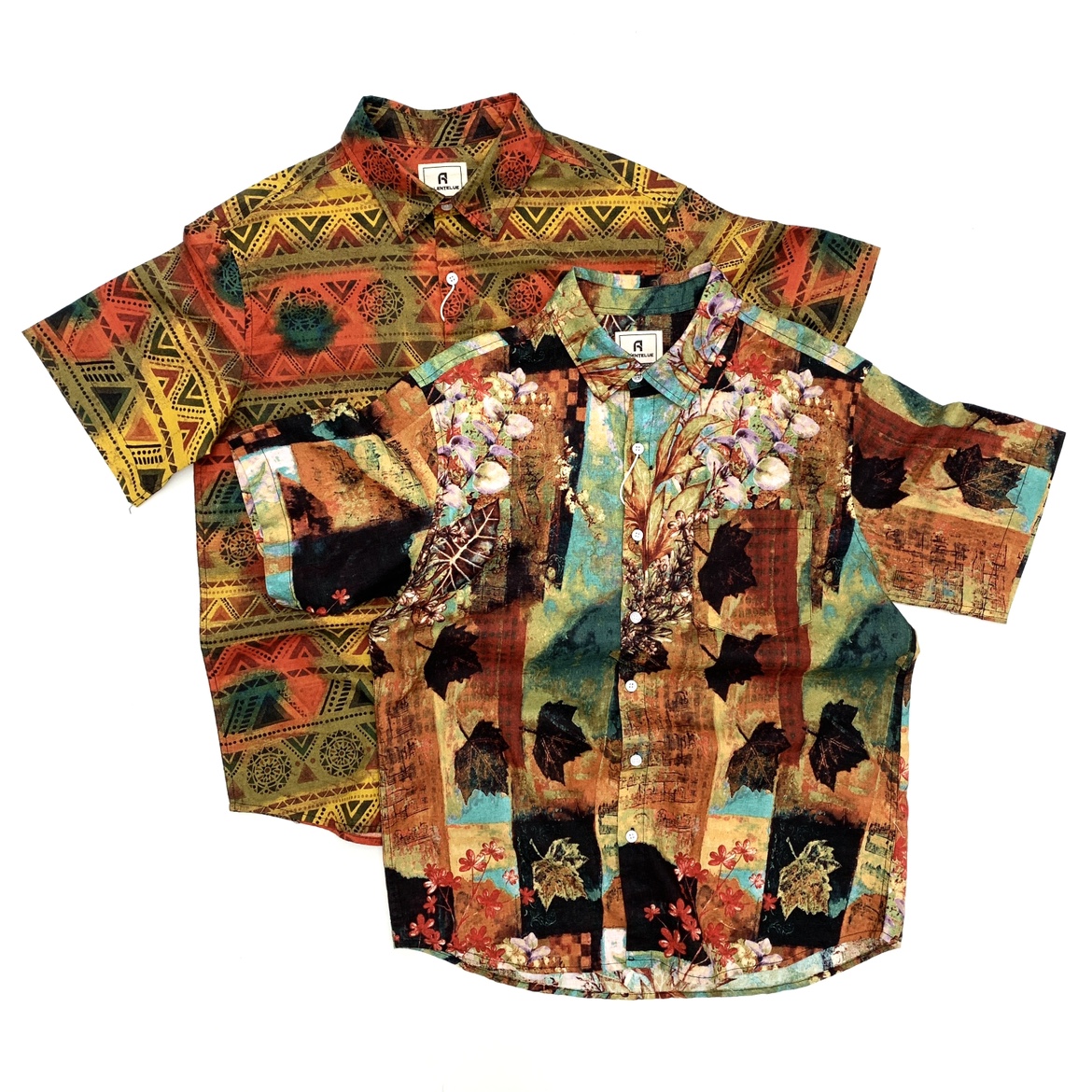 日式古着短袖衬衫男日系复古民族印花亚麻夏季棉麻宽松休闲花衬衣