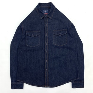 阿美咔叽全棉重水洗工装牛仔衬衫男潮流机车款牛仔宽松深蓝色衬衣
