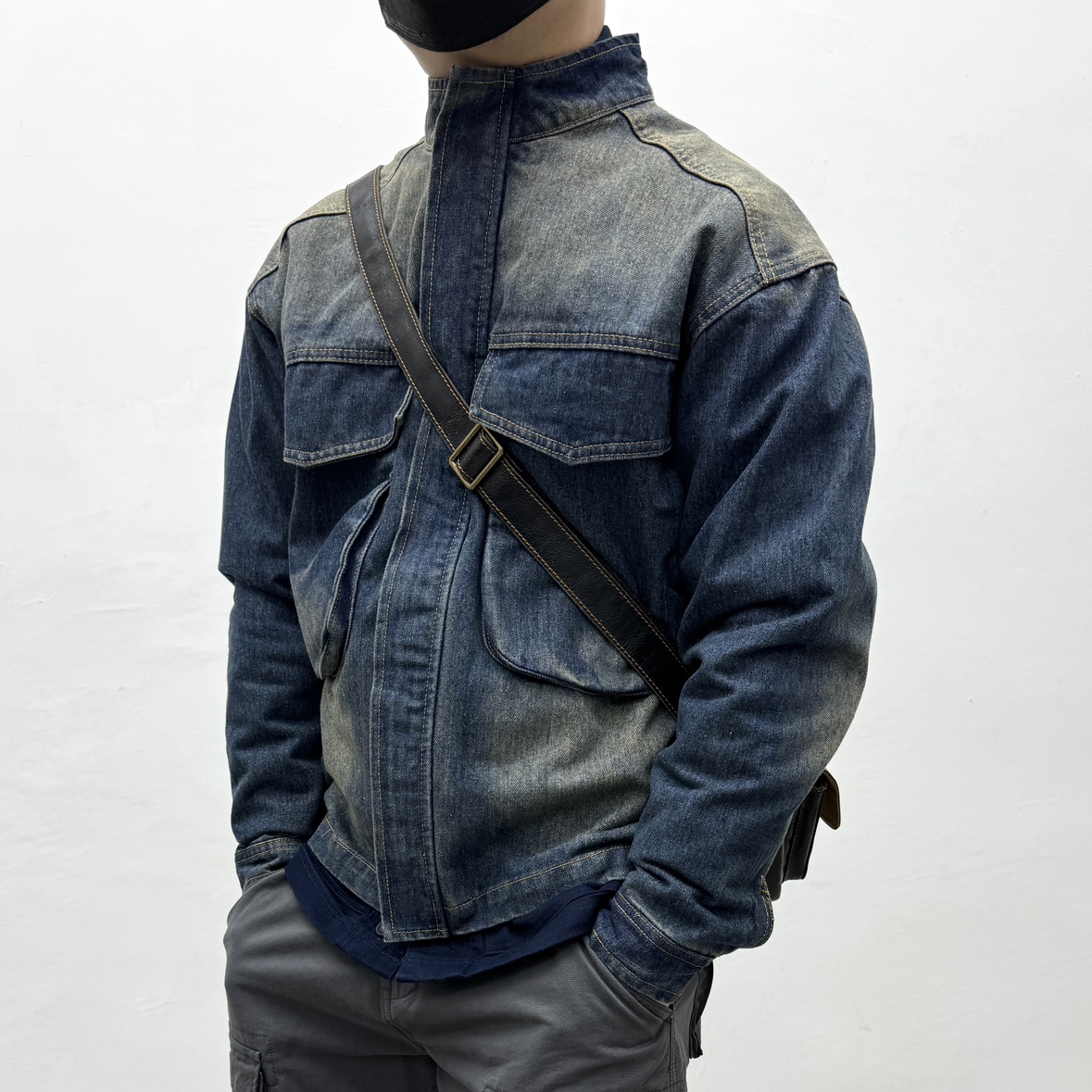 立领秋季男牛仔水洗短夹克