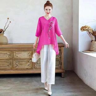 套装 民族风刺绣棉衬衫 衬衣宽松阔腿裤 新中式 上衣女2026夏季 新款
