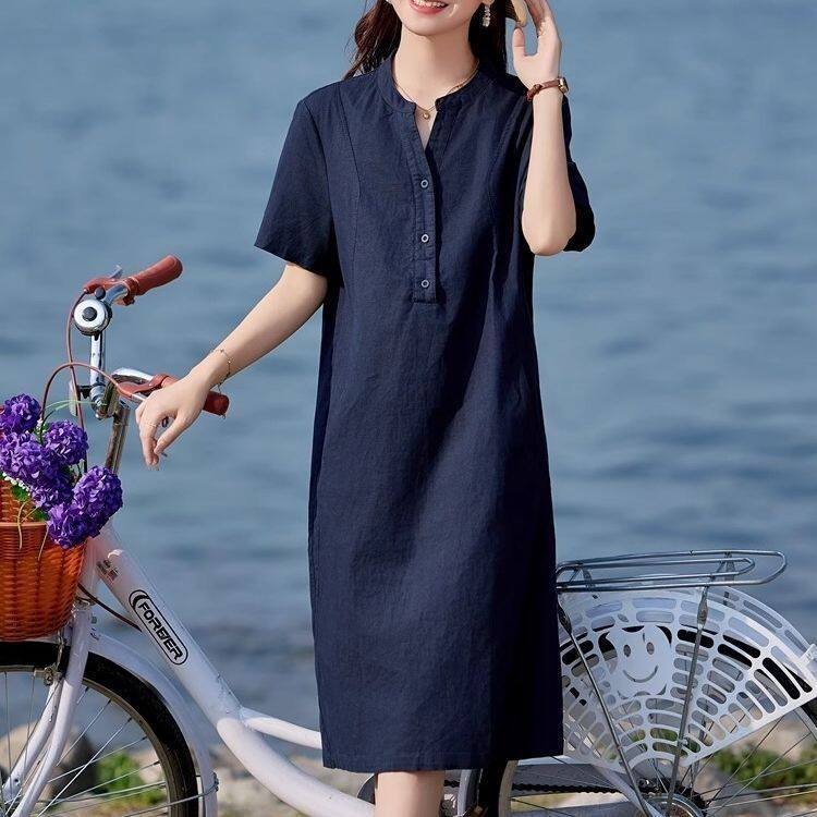设计感小V领文艺纯棉连衣裙女2026休闲夏季新款短袖宽松显瘦裙子
