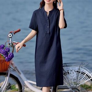 设计感小V领文艺纯棉连衣裙女2026休闲夏季新款短袖宽松显瘦裙子