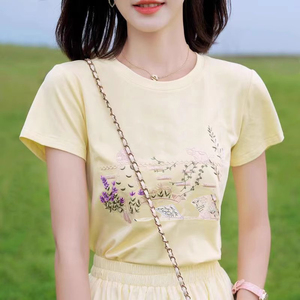 纯棉百搭短袖绣花t恤女2024夏装新款时尚减龄港风洋气休闲上衣潮